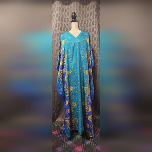 Elegant Blue and Gold Floral Women's Kaftan Dress